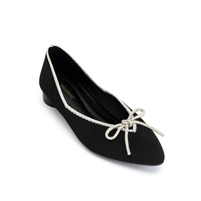 Rhinestone Bow Ballet Flats – Pointed Toe Knit Low Heel Shoes