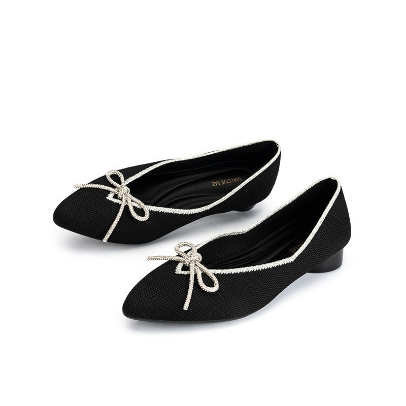 Rhinestone Bow Ballet Flats – Pointed Toe Knit Low Heel Shoes