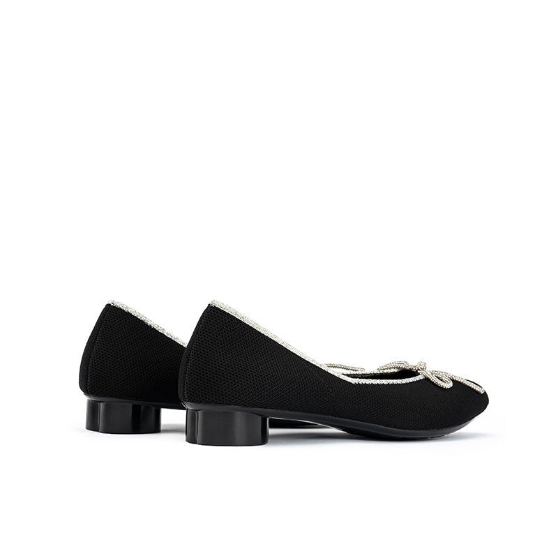 Rhinestone Bow Ballet Flats – Pointed Toe Knit Low Heel Shoes