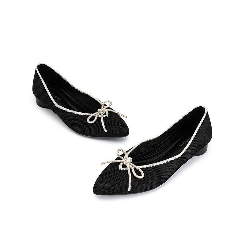 Rhinestone Bow Ballet Flats – Pointed Toe Knit Low Heel Shoes