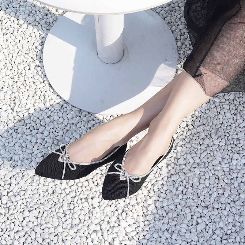 Rhinestone Bow Ballet Flats – Pointed Toe Knit Low Heel Shoes
