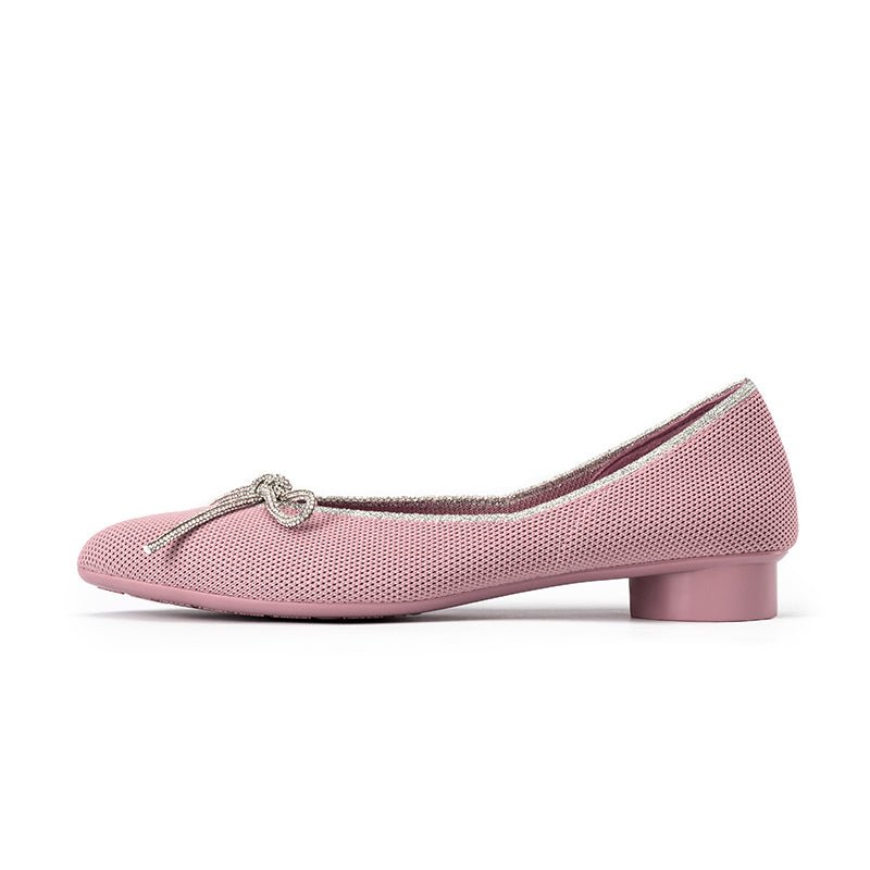 Rhinestone Bow Ballet Flats – Pointed Toe Knit Low Heel Shoes