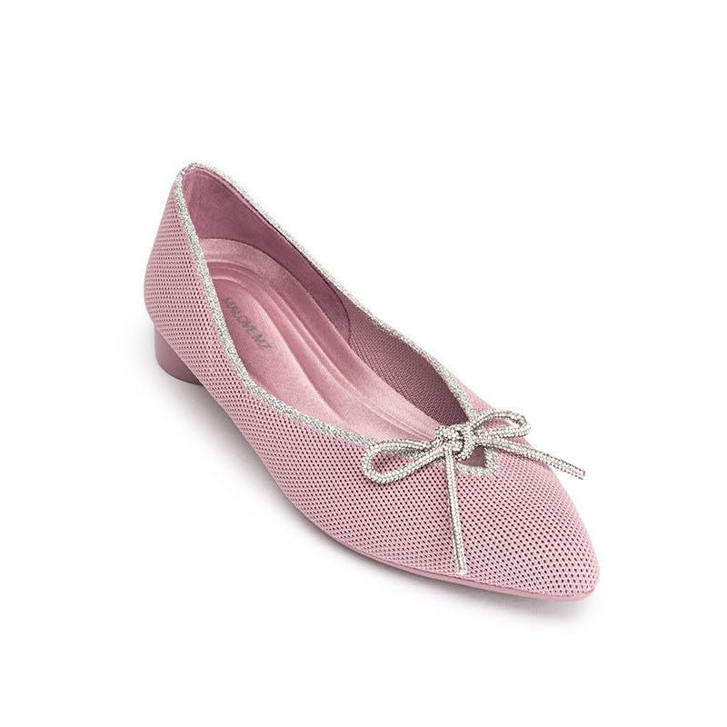 Rhinestone Bow Ballet Flats – Pointed Toe Knit Low Heel Shoes