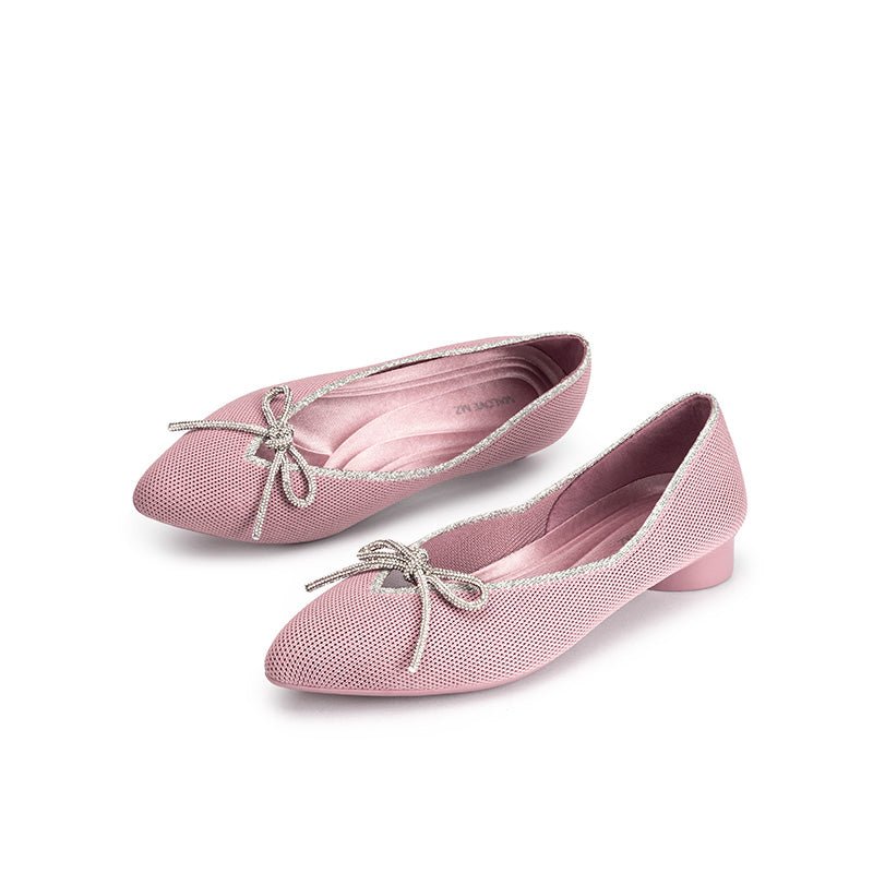 Rhinestone Bow Ballet Flats – Pointed Toe Knit Low Heel Shoes