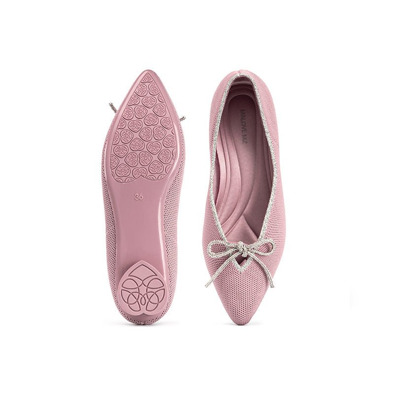 Rhinestone Bow Ballet Flats – Pointed Toe Knit Low Heel Shoes