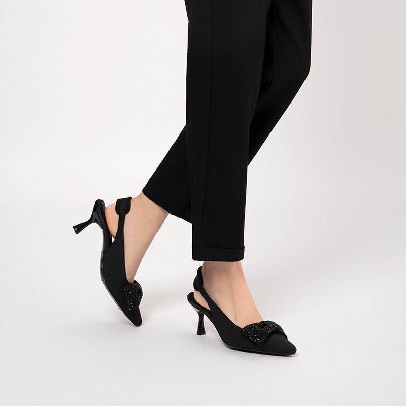 Rhinestone Bow Slingback Kitten Heels – Pointed Toe Knit Heels