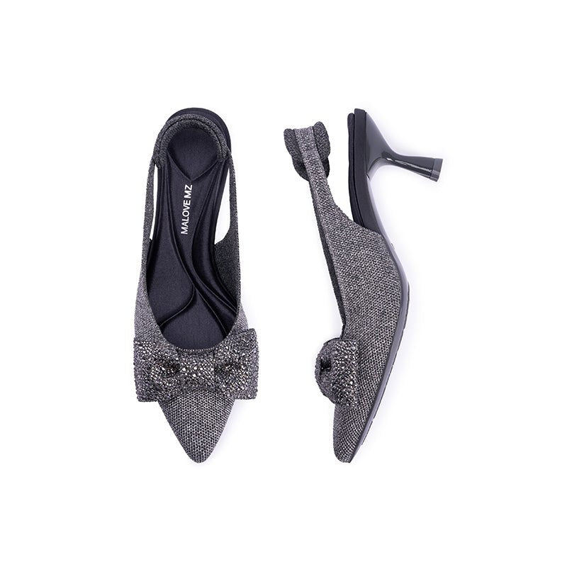 Rhinestone Bow Slingback Kitten Heels – Pointed Toe Knit Heels