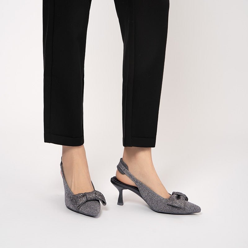 Rhinestone Bow Slingback Kitten Heels – Pointed Toe Knit Heels