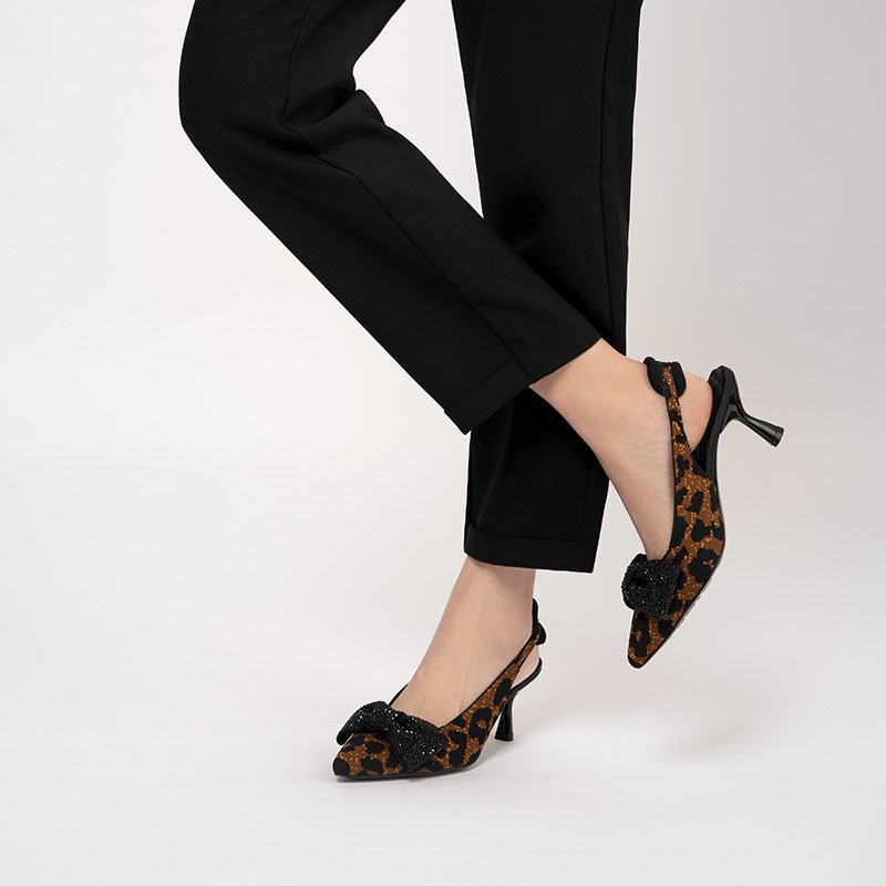 Rhinestone Bow Slingback Kitten Heels – Pointed Toe Knit Heels