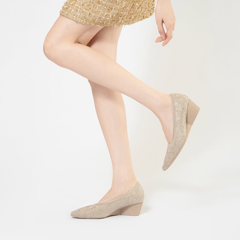 Rhinestone Check Knit Pointed Toe Wedge Pumps – Vintage Sparkle Office Heels