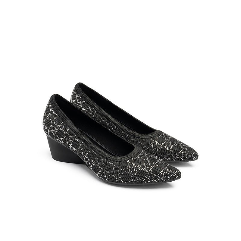 Rhinestone Check Knit Pointed Toe Wedge Pumps – Vintage Sparkle Office Heels