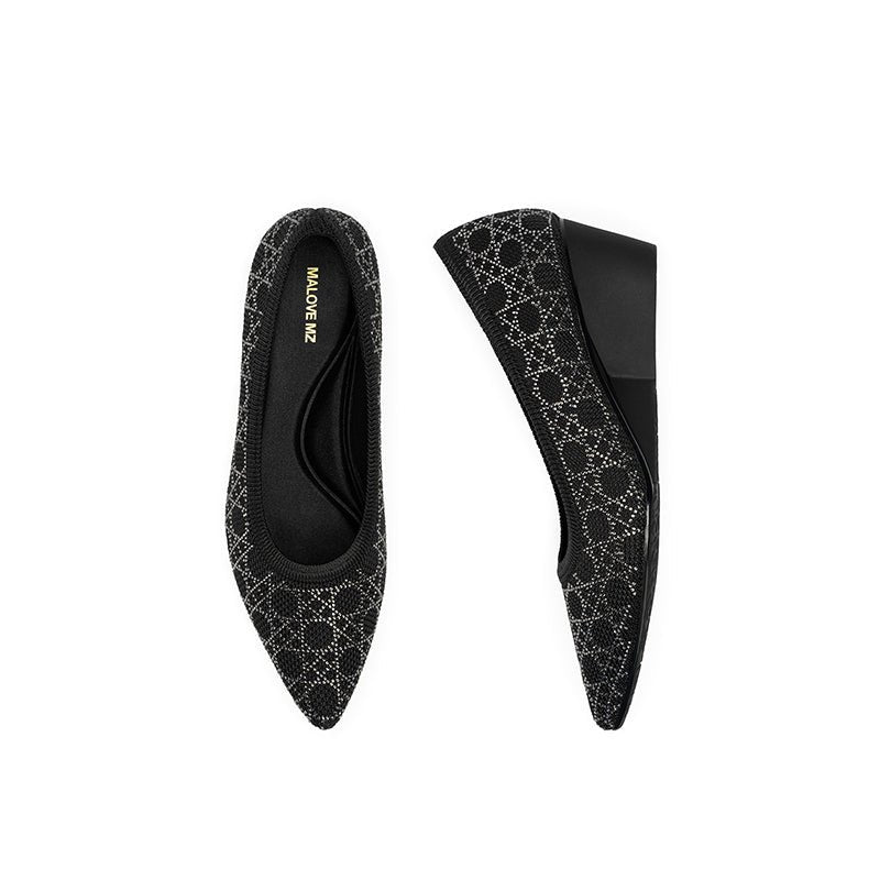 Rhinestone Check Knit Pointed Toe Wedge Pumps – Vintage Sparkle Office Heels