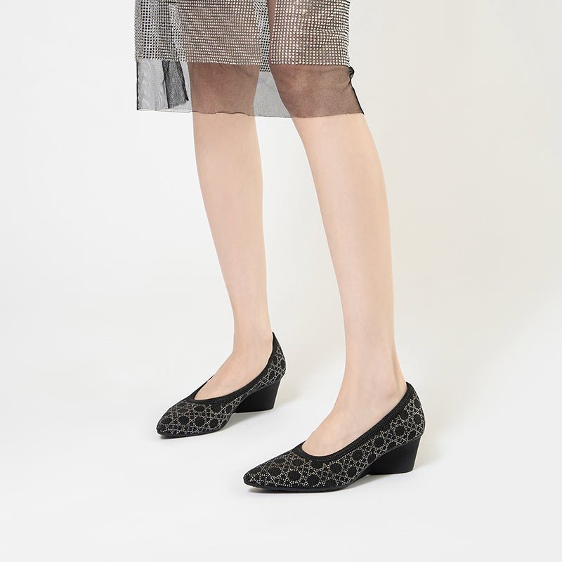 Rhinestone Check Knit Pointed Toe Wedge Pumps – Vintage Sparkle Office Heels