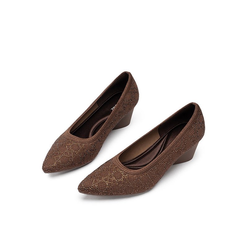 Rhinestone Check Knit Pointed Toe Wedge Pumps – Vintage Sparkle Office Heels