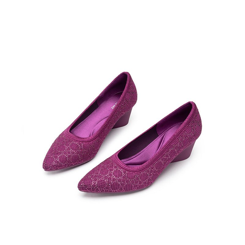 Rhinestone Check Knit Pointed Toe Wedge Pumps – Vintage Sparkle Office Heels