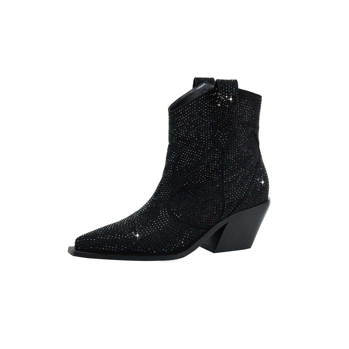 Rhinestone Cowgirl Ankle Boots Pointed Toe Angled Block Heel