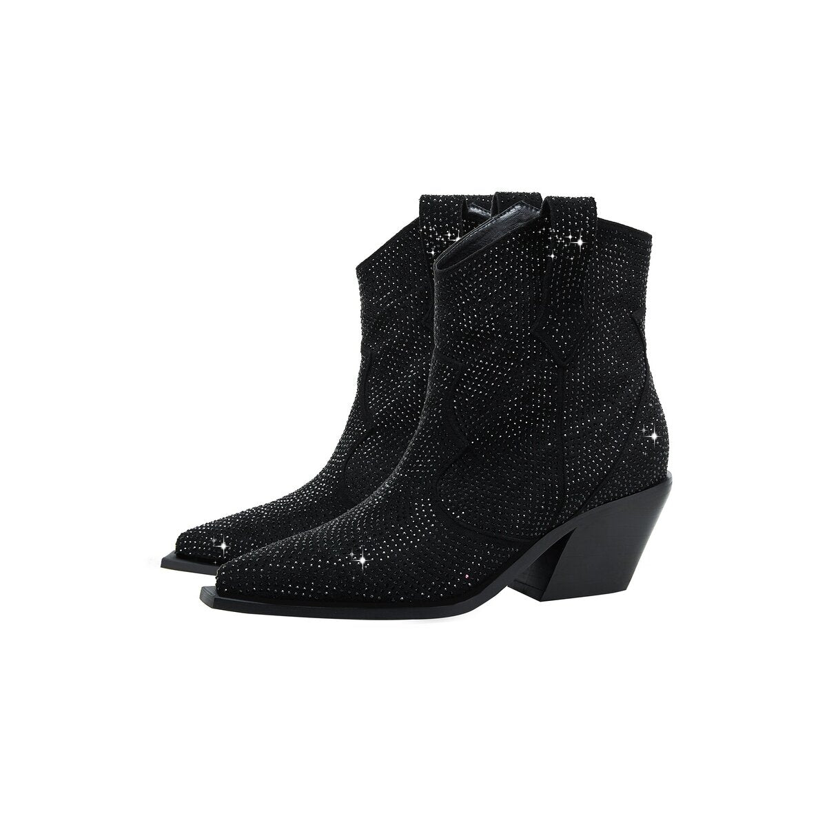 Rhinestone Cowgirl Ankle Boots Pointed Toe Angled Block Heel