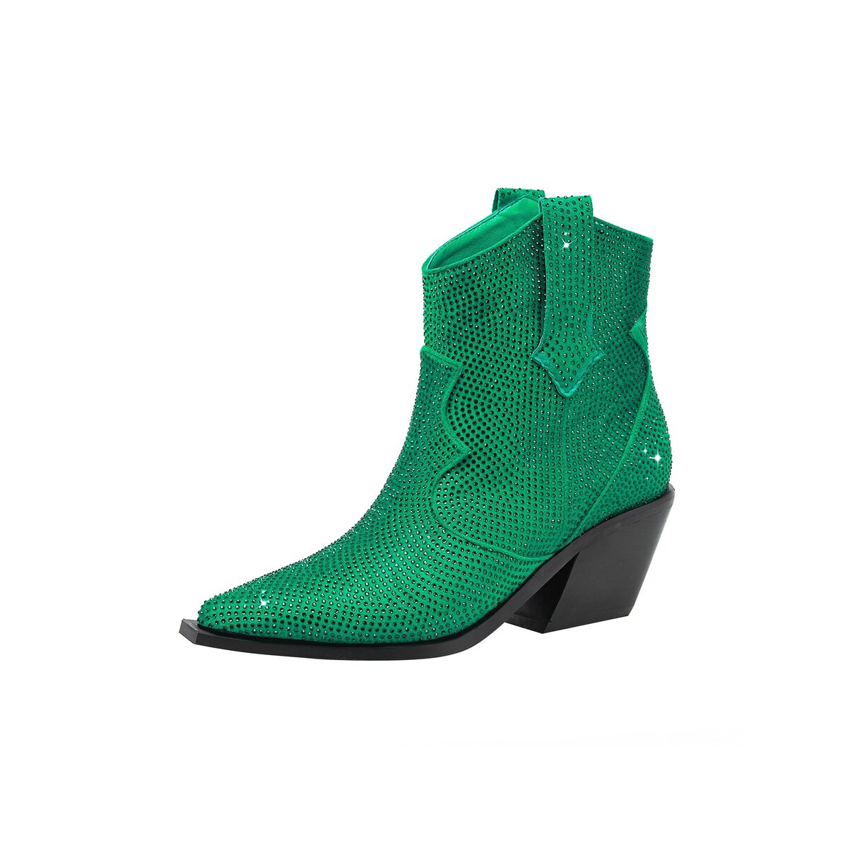 Rhinestone Cowgirl Ankle Boots Pointed Toe Angled Block Heel
