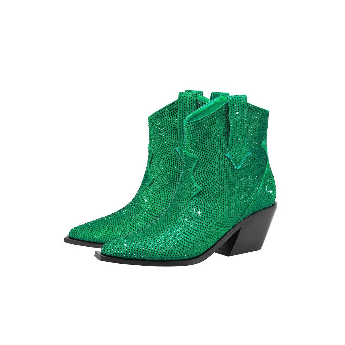 Rhinestone Cowgirl Ankle Boots Pointed Toe Angled Block Heel