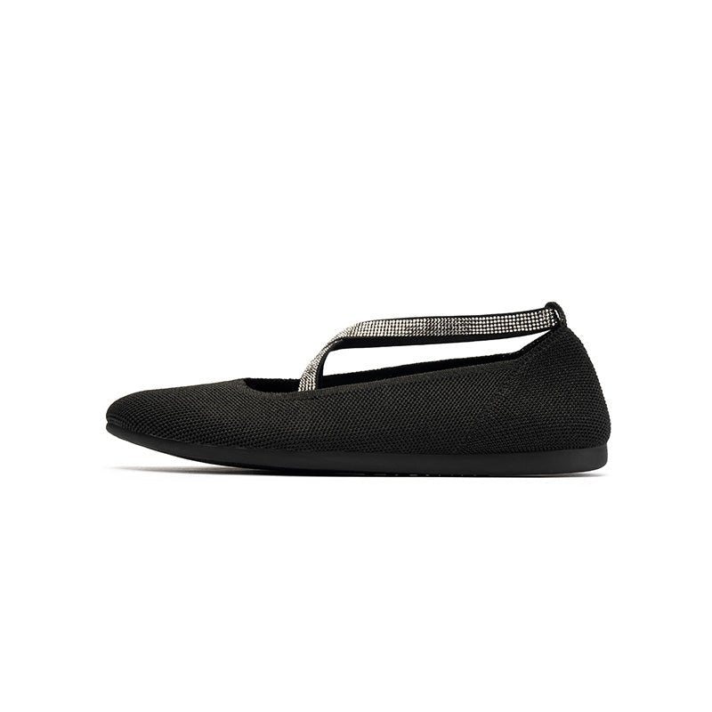 Rhinestone Cross Strap Knit Ballet Flats – Pointed Toe Commuter Flats