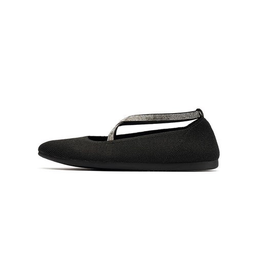 Rhinestone Cross Strap Knit Ballet Flats – Pointed Toe Commuter Flats