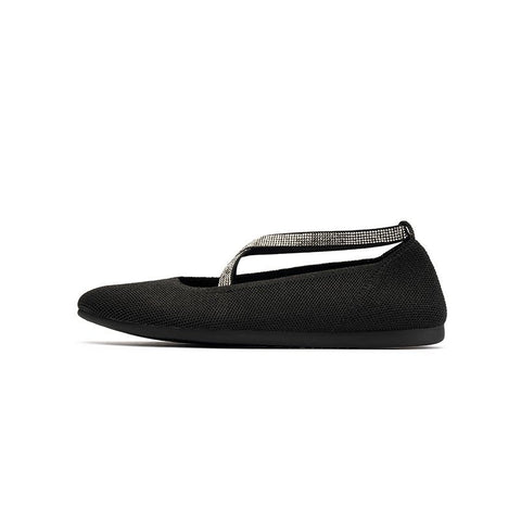 Rhinestone Cross Strap Knit Ballet Flats – Pointed Toe Commuter Flats