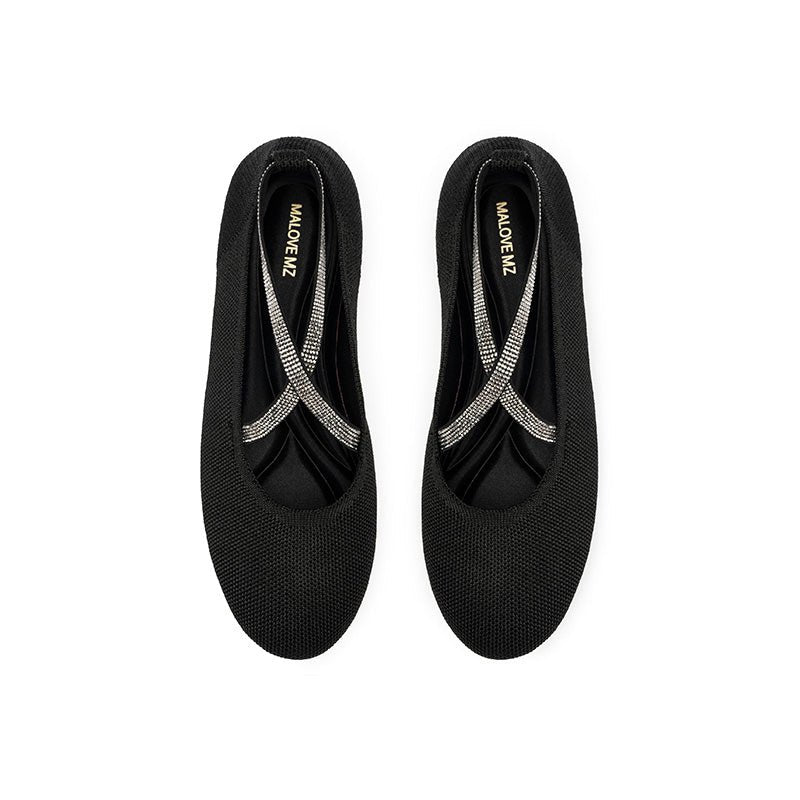 Rhinestone Cross Strap Knit Ballet Flats – Pointed Toe Commuter Flats