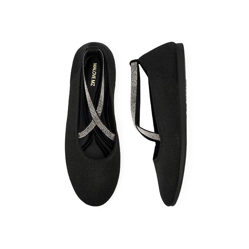 Rhinestone Cross Strap Knit Ballet Flats – Pointed Toe Commuter Flats