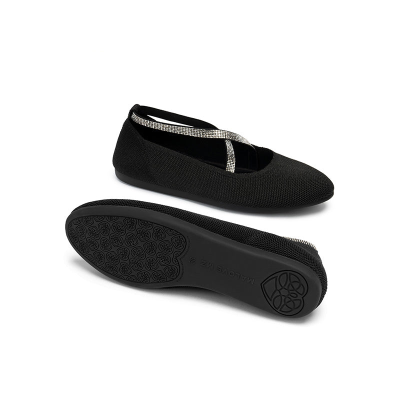 Rhinestone Cross Strap Knit Ballet Flats – Pointed Toe Commuter Flats