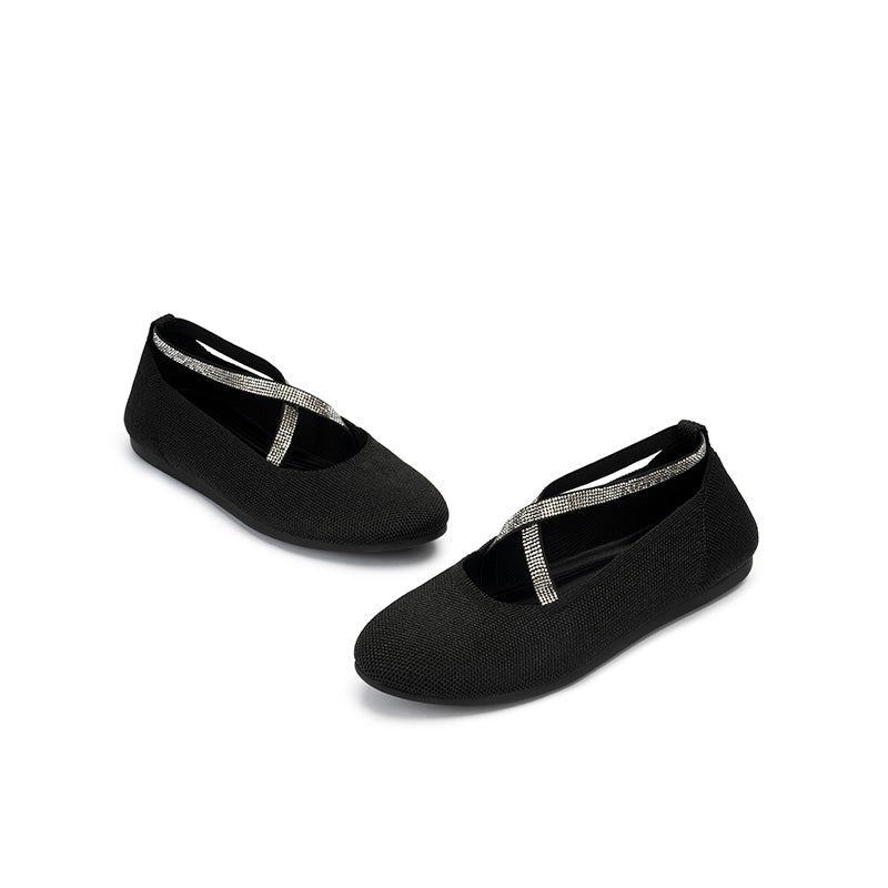 Rhinestone Cross Strap Knit Ballet Flats – Pointed Toe Commuter Flats
