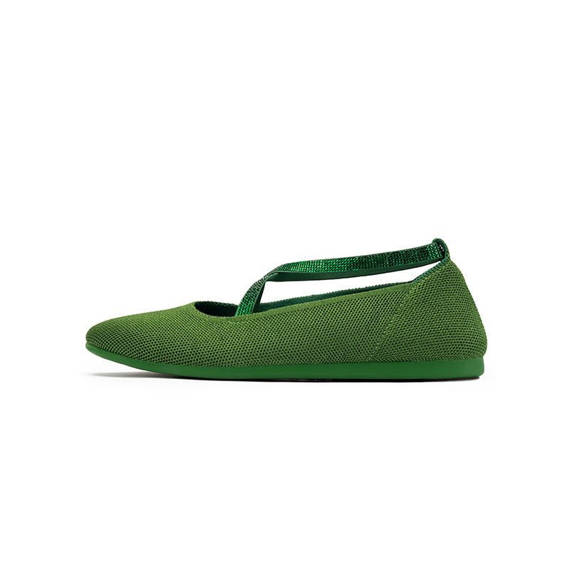 Rhinestone Cross Strap Knit Ballet Flats – Pointed Toe Commuter Flats