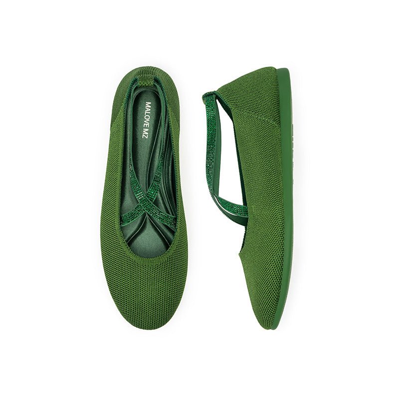 Rhinestone Cross Strap Knit Ballet Flats – Pointed Toe Commuter Flats