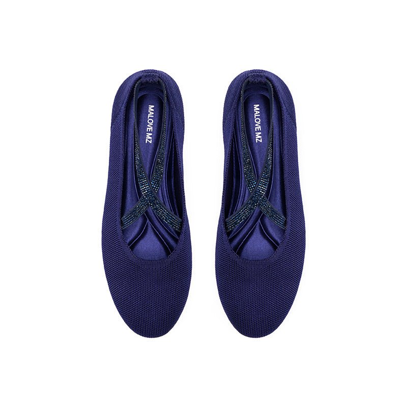 Rhinestone Cross Strap Knit Ballet Flats – Pointed Toe Commuter Flats