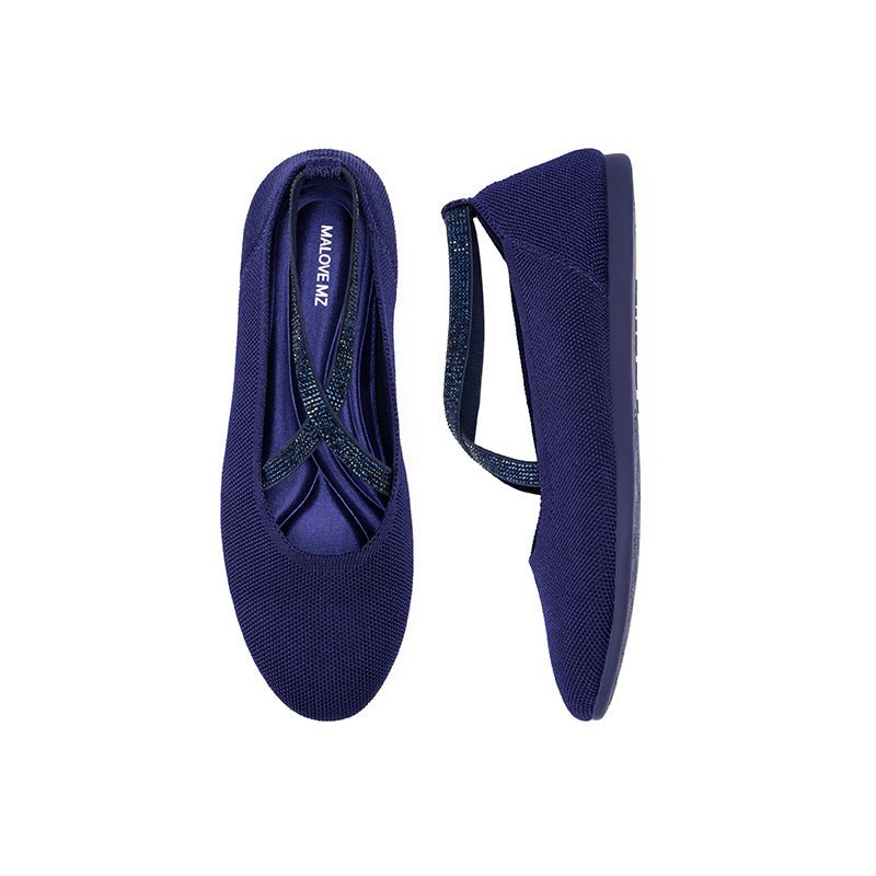 Rhinestone Cross Strap Knit Ballet Flats – Pointed Toe Commuter Flats