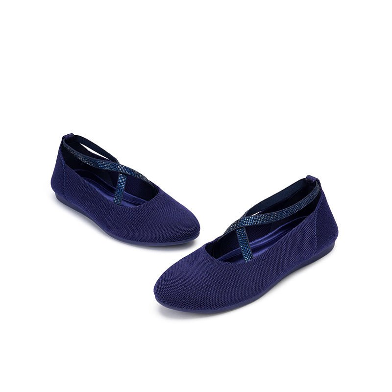 Rhinestone Cross Strap Knit Ballet Flats – Pointed Toe Commuter Flats