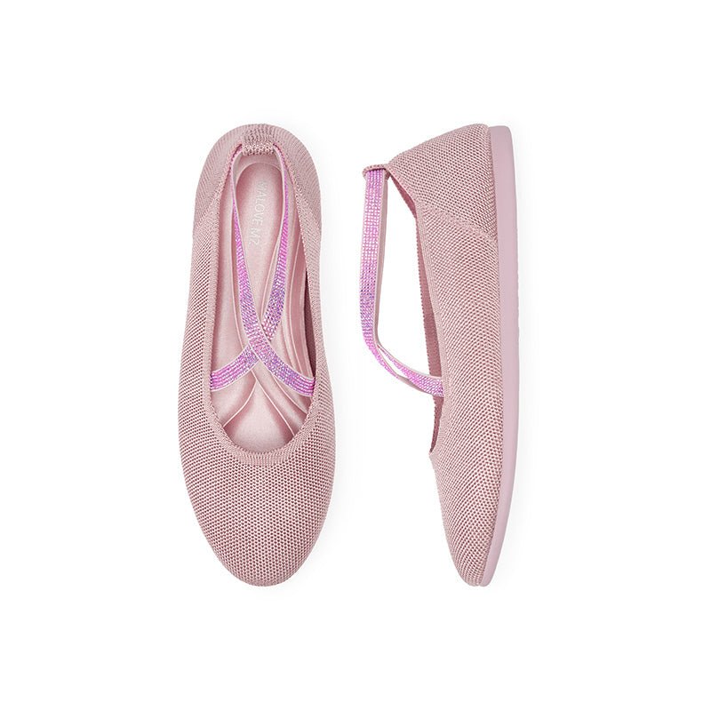 Rhinestone Cross Strap Knit Ballet Flats – Pointed Toe Commuter Flats