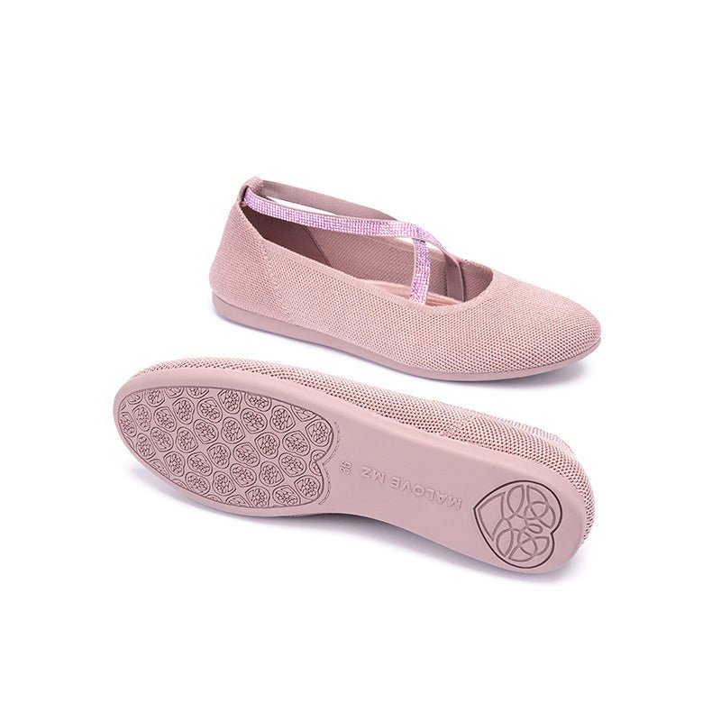 Rhinestone Cross Strap Knit Ballet Flats – Pointed Toe Commuter Flats