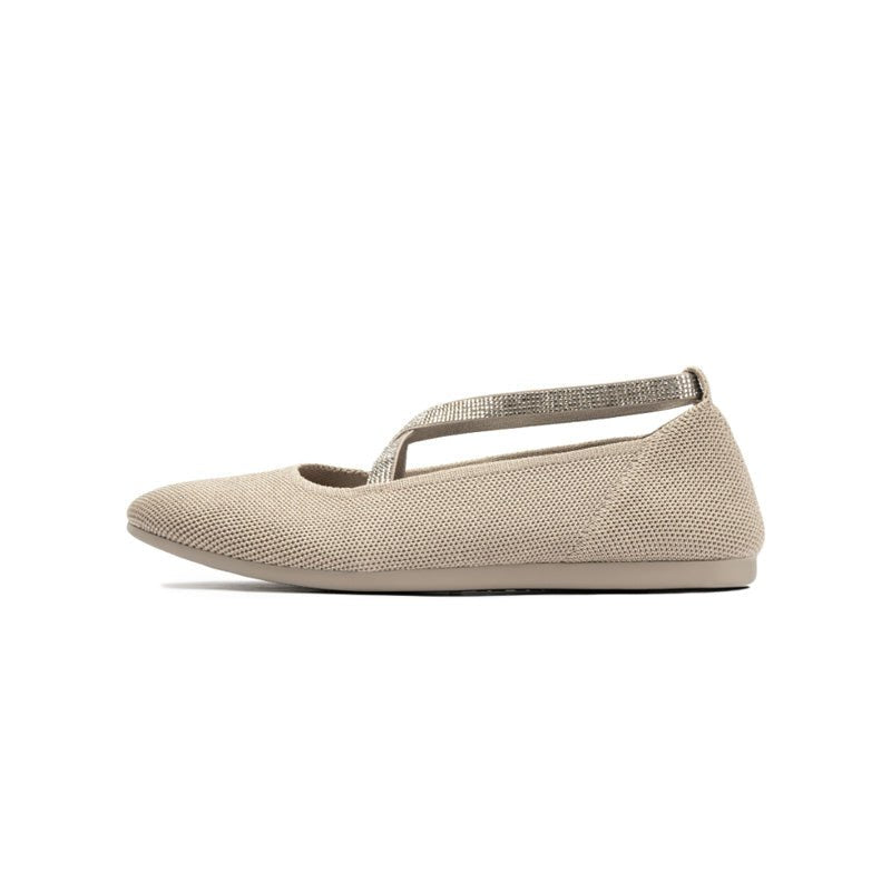 Rhinestone Cross Strap Knit Ballet Flats – Pointed Toe Commuter Flats