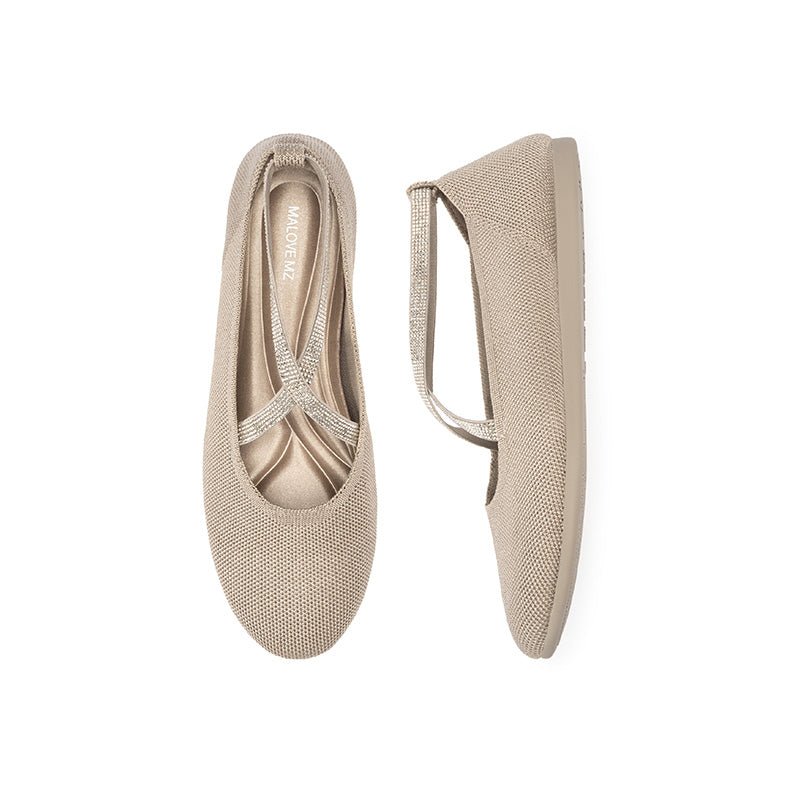 Rhinestone Cross Strap Knit Ballet Flats – Pointed Toe Commuter Flats