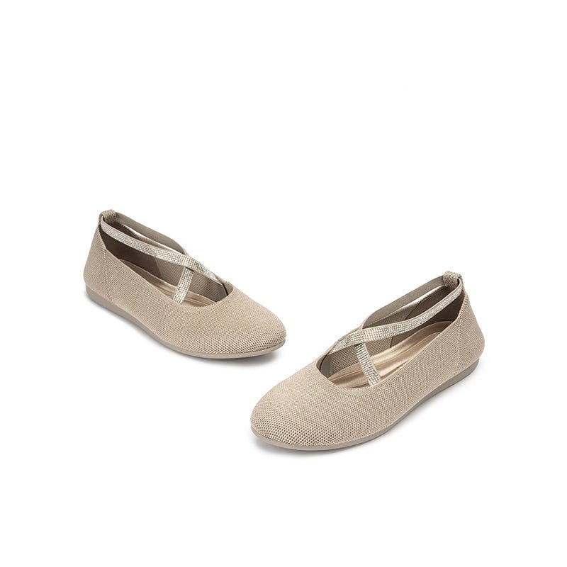 Rhinestone Cross Strap Knit Ballet Flats – Pointed Toe Commuter Flats