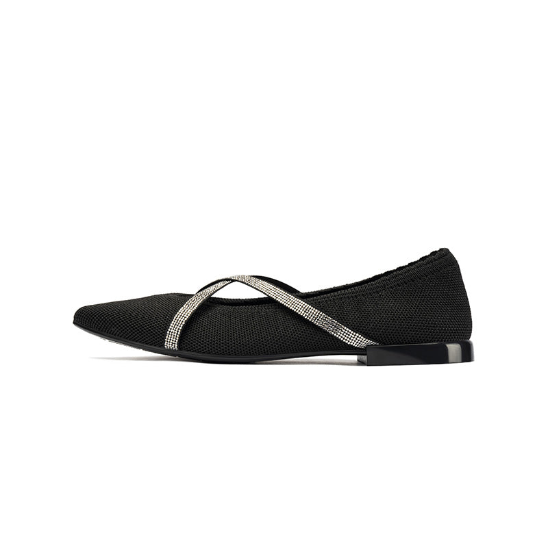 Rhinestone Cross Strap Pointed Toe Knit Flats – Elegant Ballet Flats