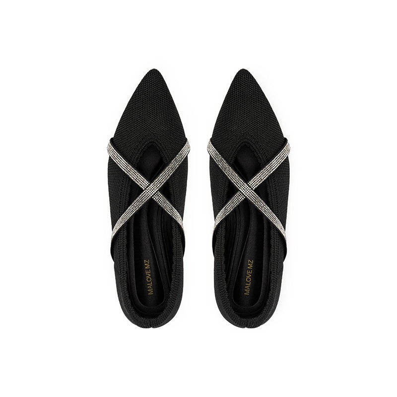 Rhinestone Cross Strap Pointed Toe Knit Flats – Elegant Ballet Flats