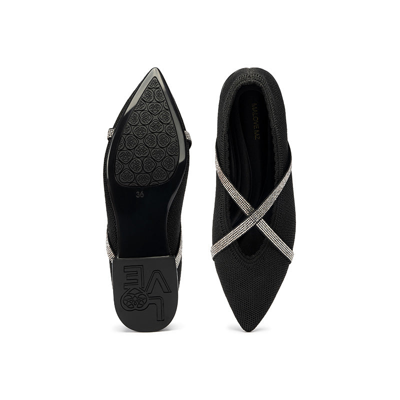 Rhinestone Cross Strap Pointed Toe Knit Flats – Elegant Ballet Flats