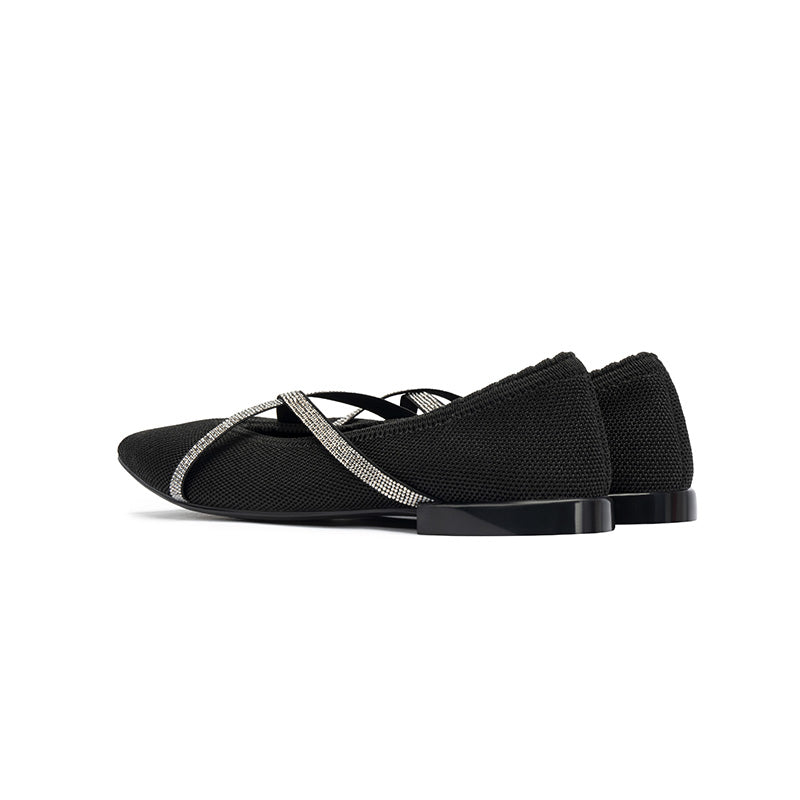 Rhinestone Cross Strap Pointed Toe Knit Flats – Elegant Ballet Flats
