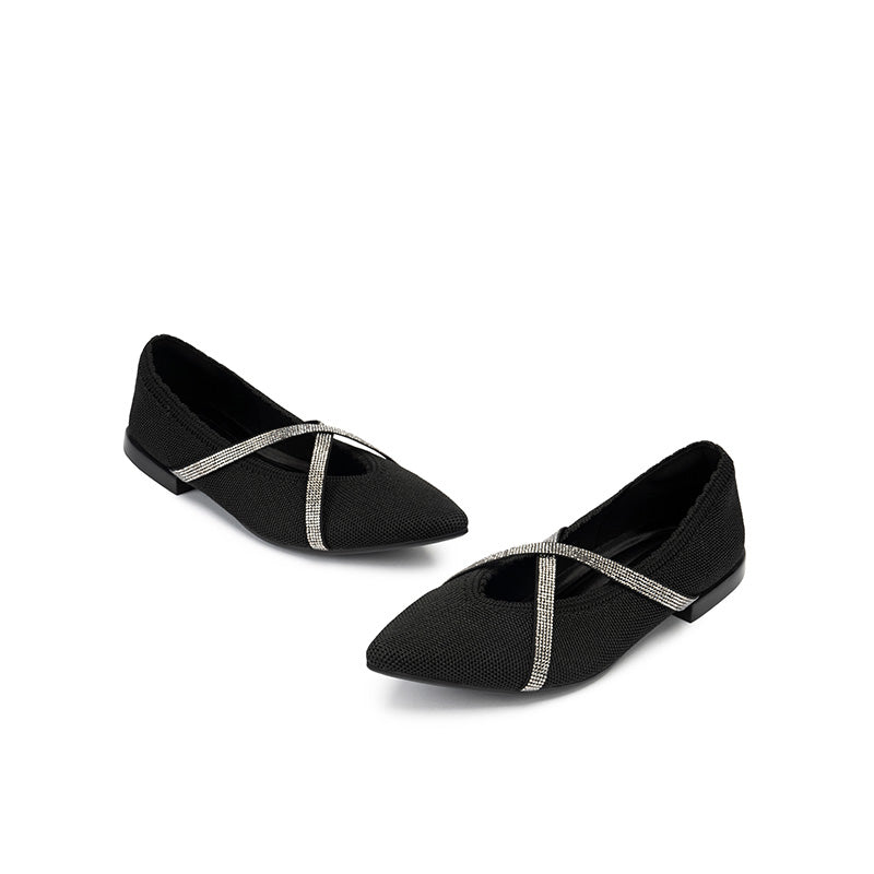 Rhinestone Cross Strap Pointed Toe Knit Flats – Elegant Ballet Flats