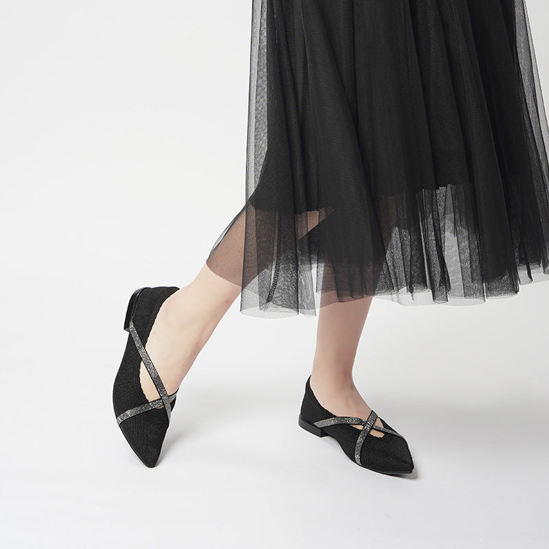 Rhinestone Cross Strap Pointed Toe Knit Flats – Elegant Ballet Flats