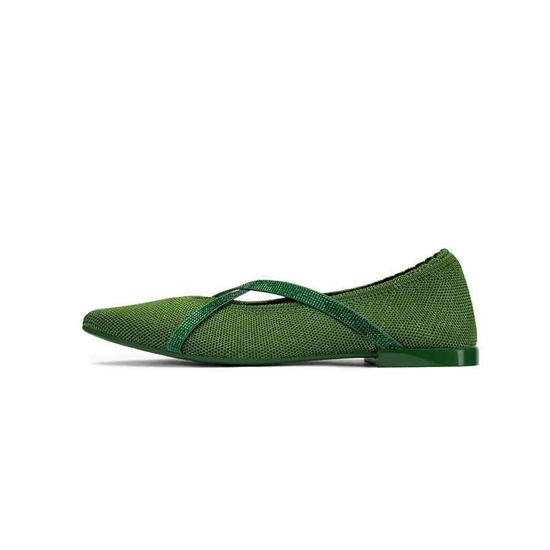Rhinestone Cross Strap Pointed Toe Knit Flats – Elegant Ballet Flats