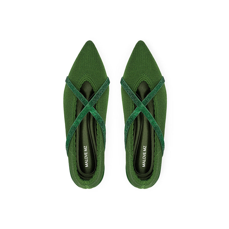 Rhinestone Cross Strap Pointed Toe Knit Flats – Elegant Ballet Flats