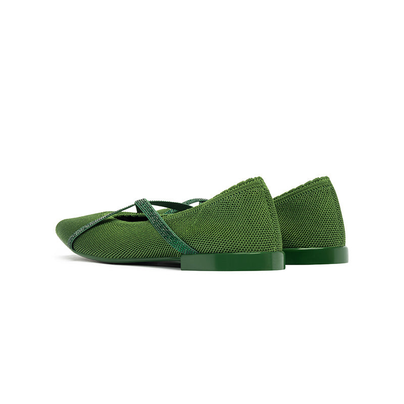 Rhinestone Cross Strap Pointed Toe Knit Flats – Elegant Ballet Flats