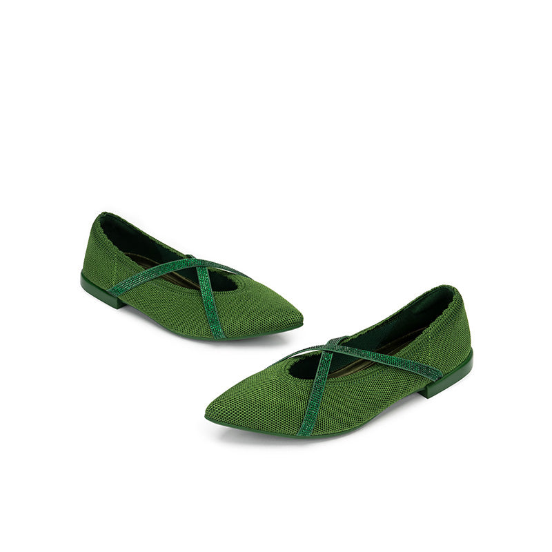 Rhinestone Cross Strap Pointed Toe Knit Flats – Elegant Ballet Flats